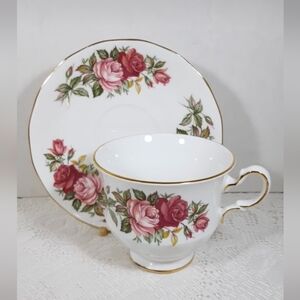 Queen Anne Vintage Bone China Cup & Saucer Pink Roses Cottagecore Teacup